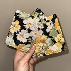 3 yellow floral fabric gold lined mug coasters for at home new